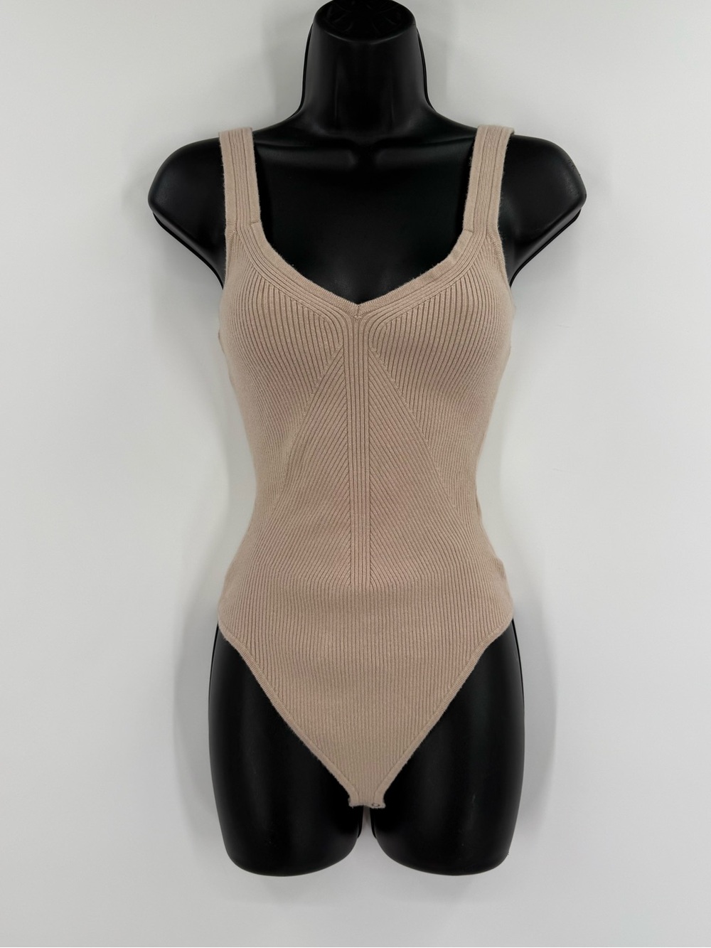 Abercrombie & Fitch Ribbed Sweater Knit Tank Bodysuit | Taupe | Medium